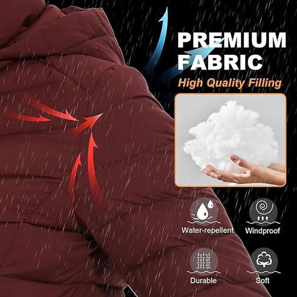 Long Puffer Coat Winter Warm Puffer Jacket with Metal Zipper (Wine Red, M) - Picture 6 of 6